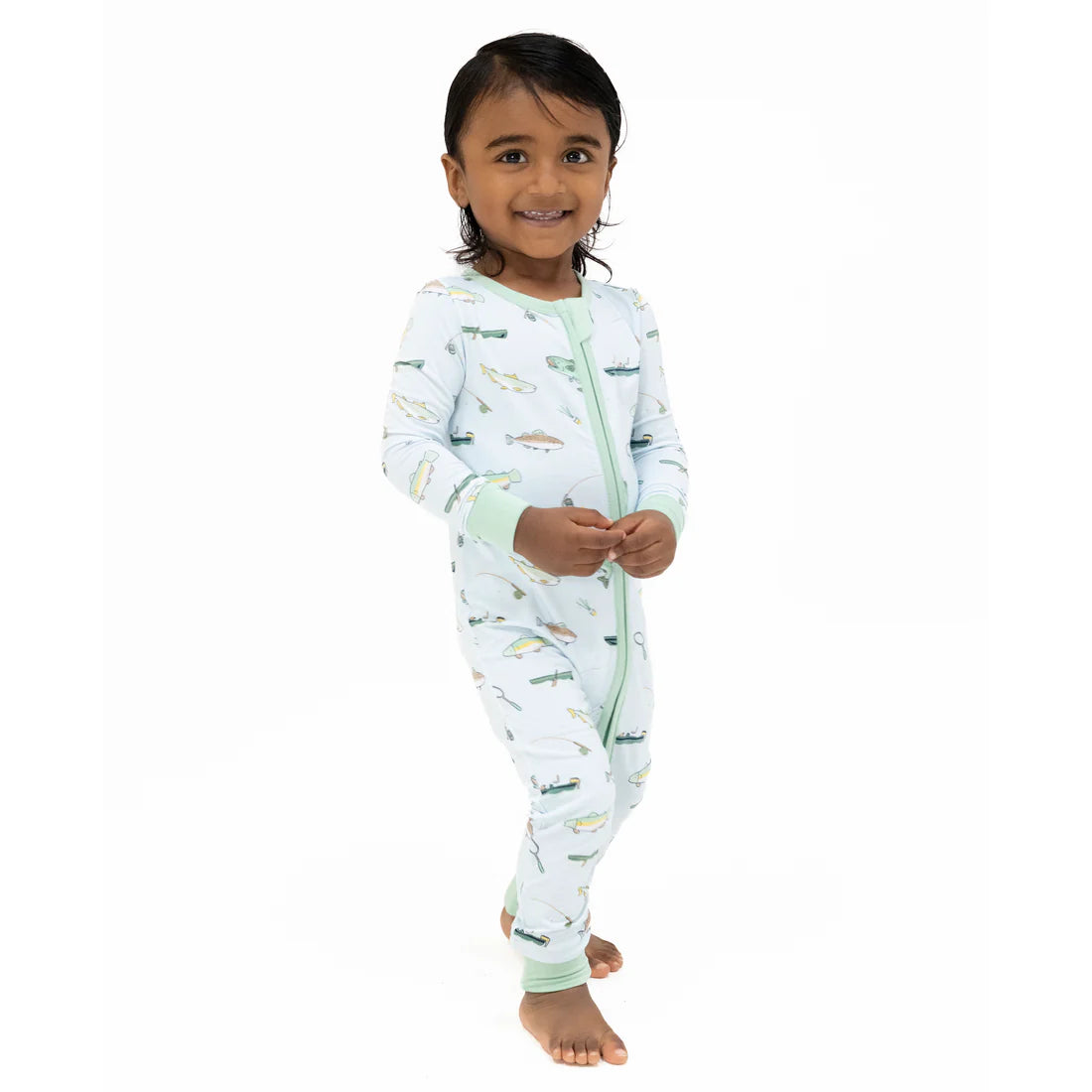 Convertible 2-Way Zipper Romper- Fishing on Blue