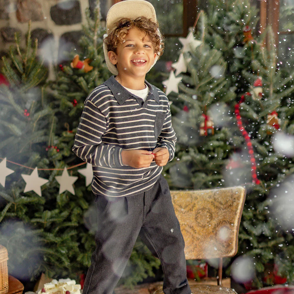 Grey Striped Knit Polo Shirt