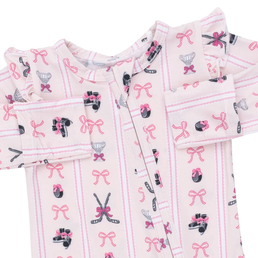 Ruffle Sleeve 2-Way Zipper Footie- Bowtiful Hockey Stripe