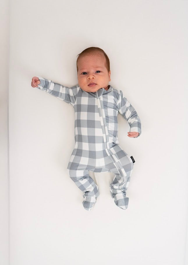 Bamboo Footed Zipper Sleeper- Denim Plaid