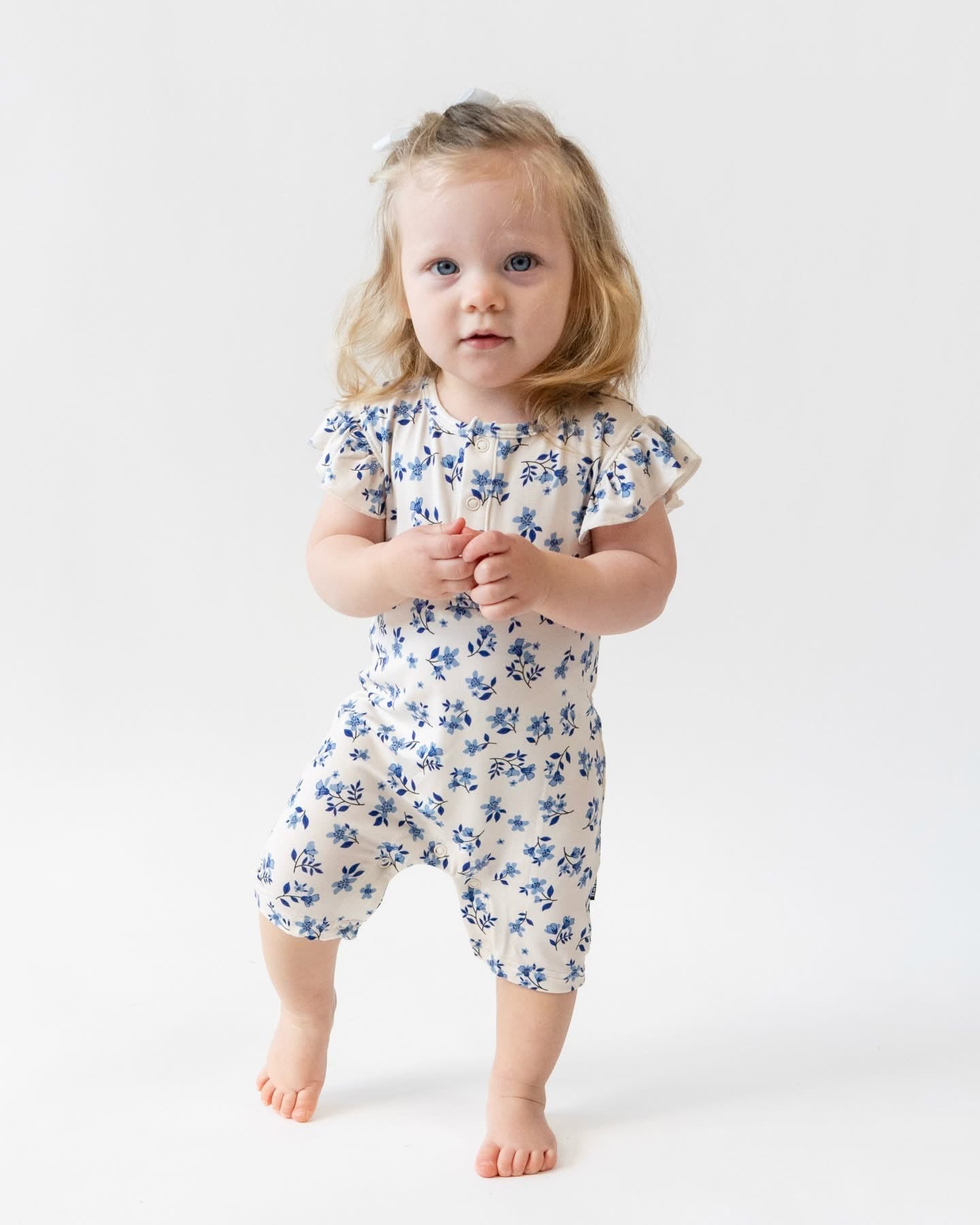 Bamboo Ruffled Sleeves Shortall Romper- Bluebell