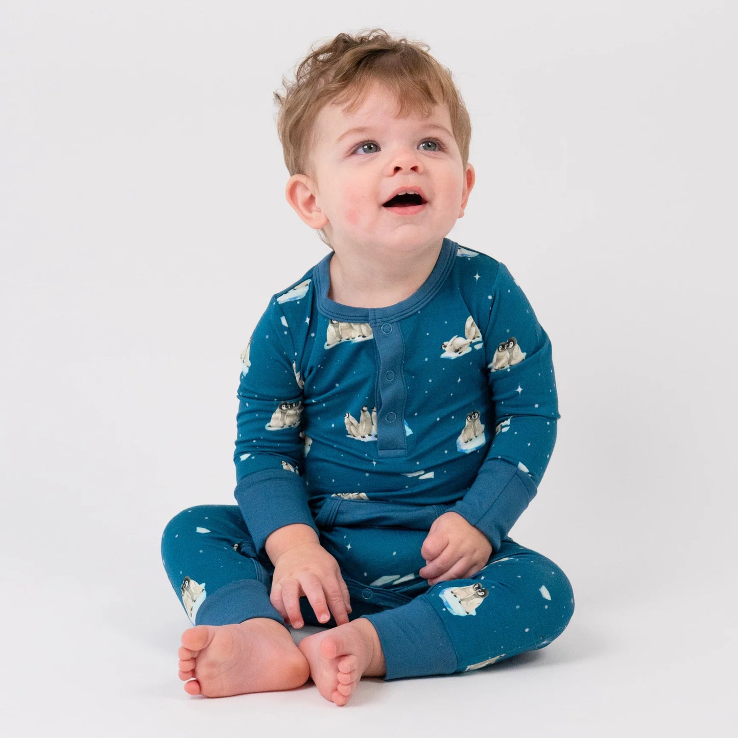 Bamboo Long Sleeve Pocket Romper- Penguins on Night Sky