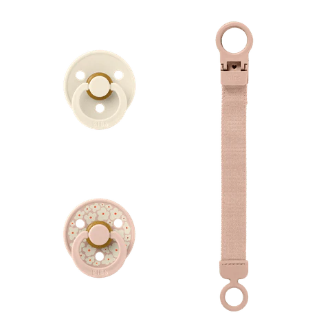 BIBS Colour Round Pacifier & Loop Clip Gift Set- Blush