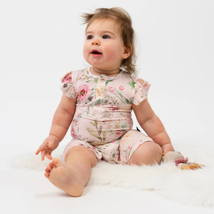 Bamboo Ruffled Sleeves Shortall Romper- Floral Bliss