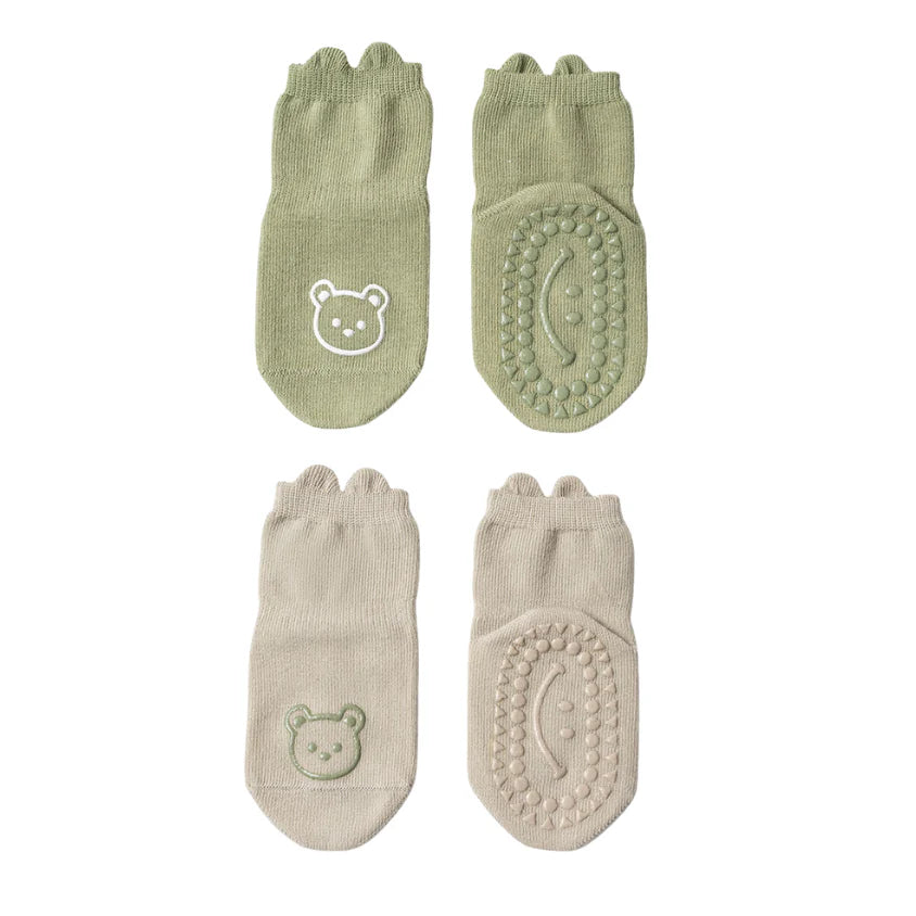 Cozy Non-Slip Socks 2pk- Sage/Beige