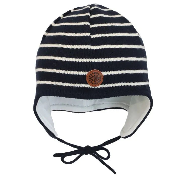 Striped Knit Jersey Lined Hat- Navy