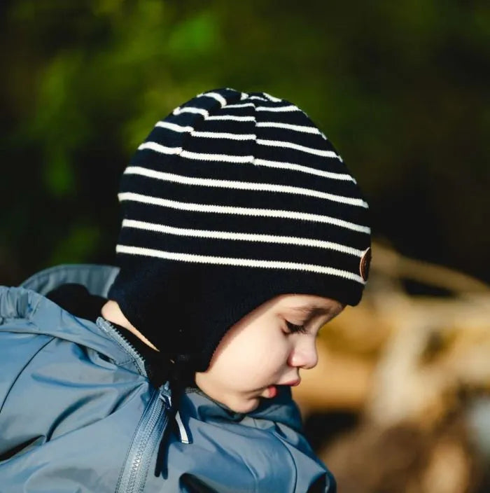 Striped Knit Jersey Lined Hat- Navy