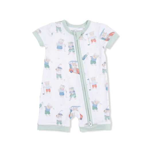 2-Way Shortie Zipper Romper- Golfing Teddy Bears
