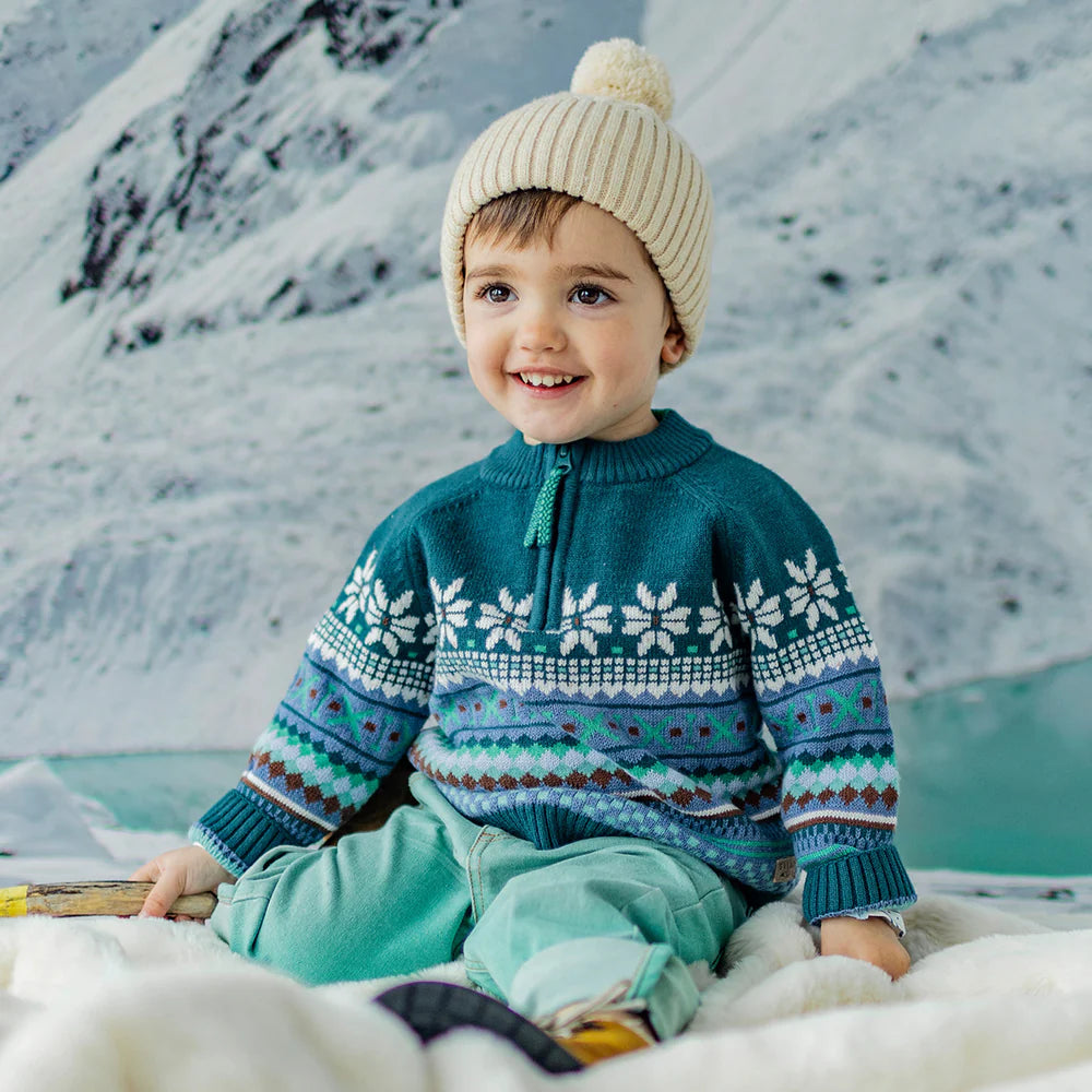 Nordic Teal Quarter Zip Knit Baby Sweater