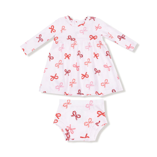 Ribbed Modal Dress & Bloomer Set- Candy Cane Bows