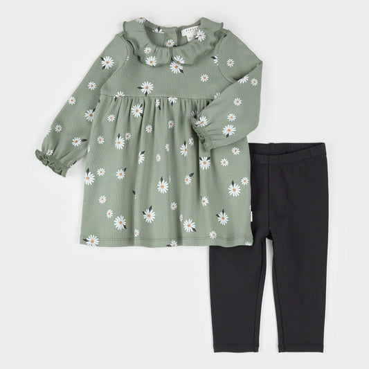 Daisy on Sage Ribbed Dress Set