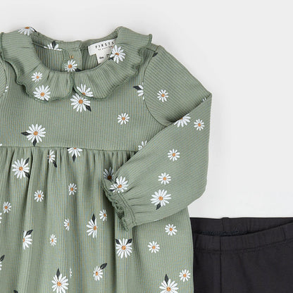 Daisy on Sage Ribbed Dress Set