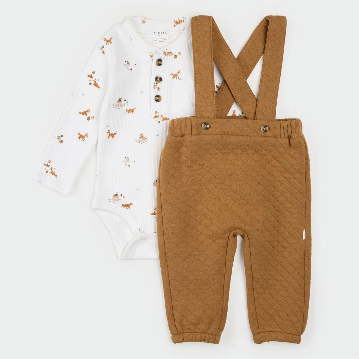 Fox Kit Print Amber Quilted Overall Set