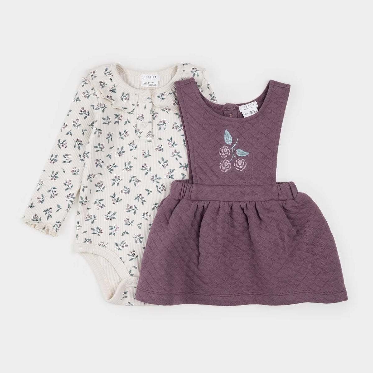 Floral & Eggplant Quilted Overall Dress Set