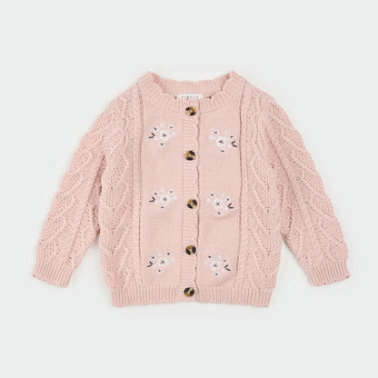 Floral Jacquard Misty Pink Sweater Knit Cardigan