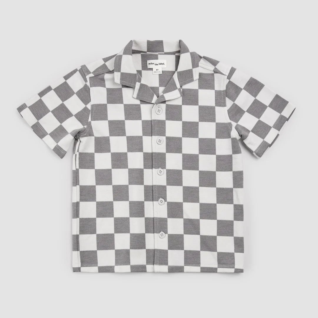Dark Grey Checkerboard Button Down Polo Tee