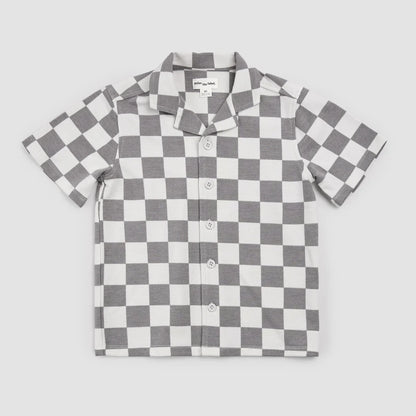 Dark Grey Checkerboard Button Down Polo Tee
