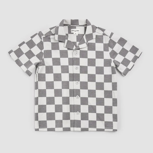 Dark Grey Checkerboard Button Down Polo Tee