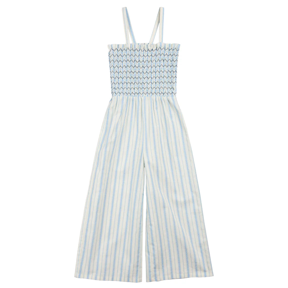 Blue & White Stripe Smocked Woven Jumpsuit