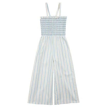 Blue & White Stripe Smocked Woven Jumpsuit