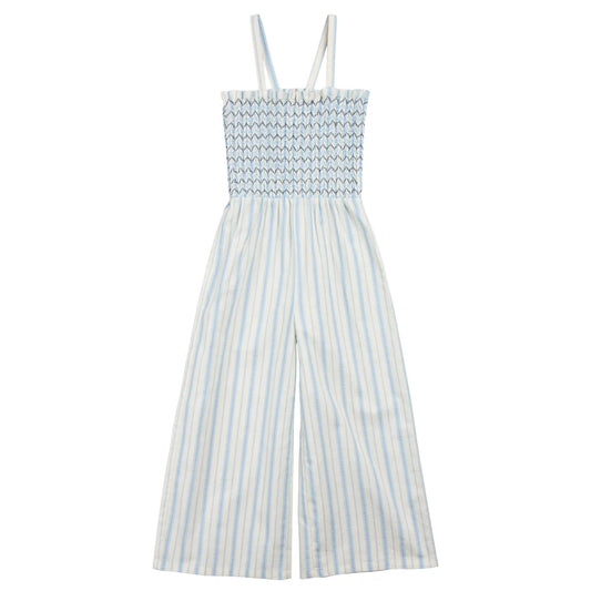 Blue & White Stripe Smocked Woven Jumpsuit
