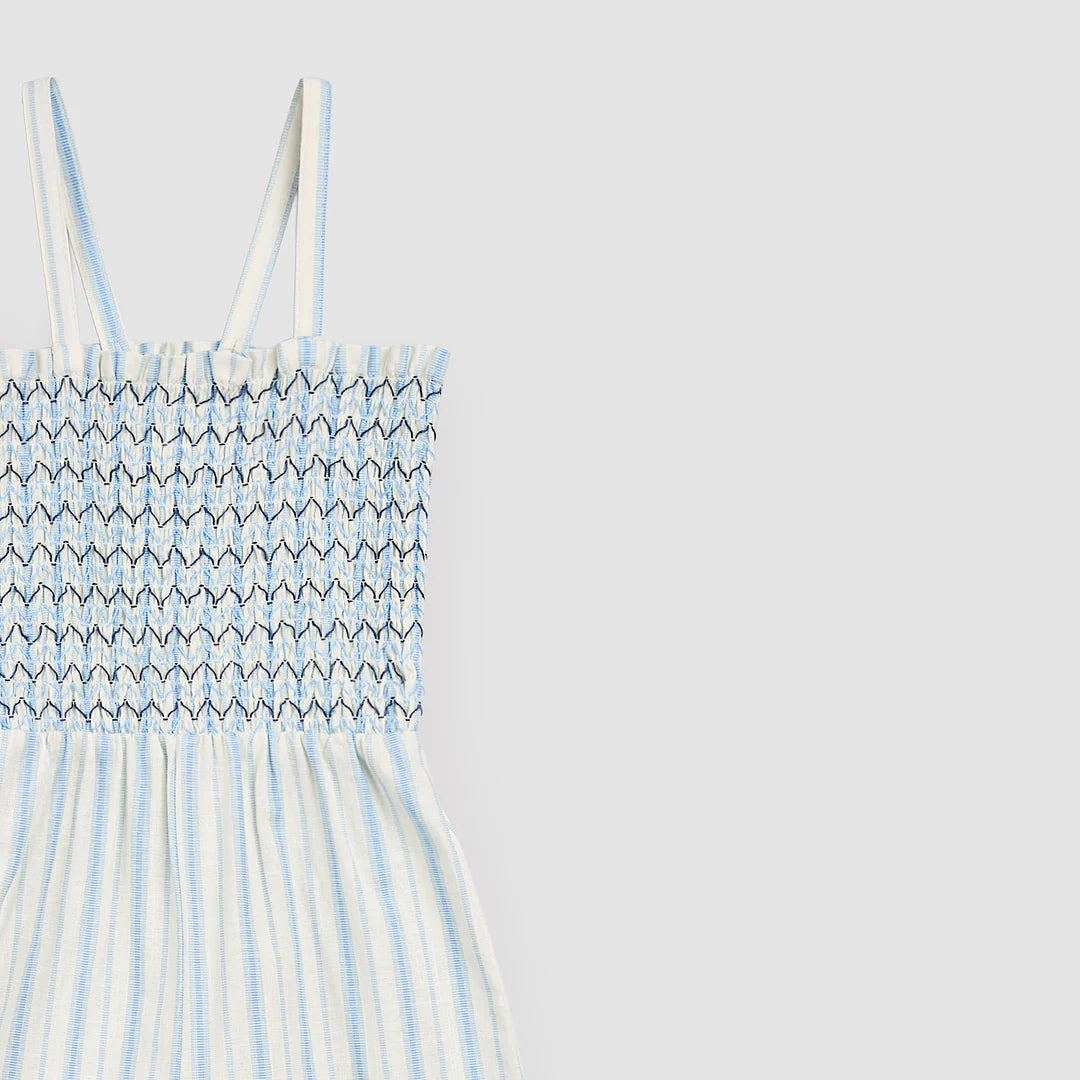 Blue & White Stripe Smocked Woven Jumpsuit