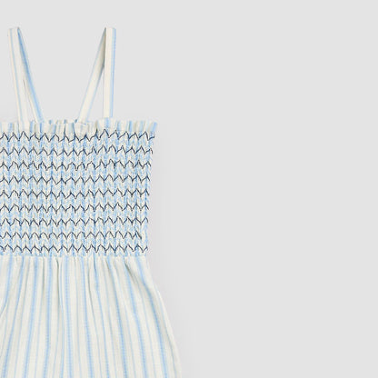 Blue & White Stripe Smocked Woven Jumpsuit