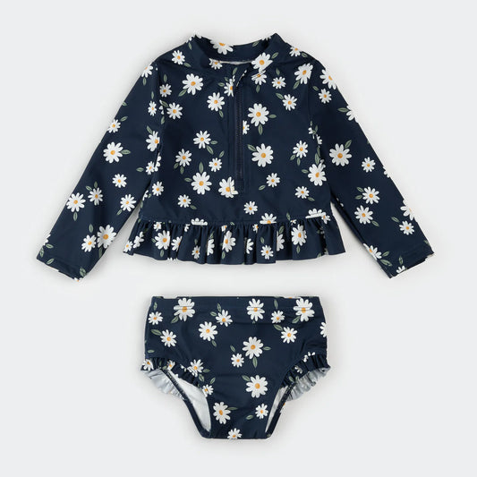 Navy Daisies Baby Ruffle Rashguard Set