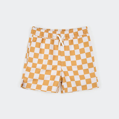 Orange Checkered Kids Swim Trunks