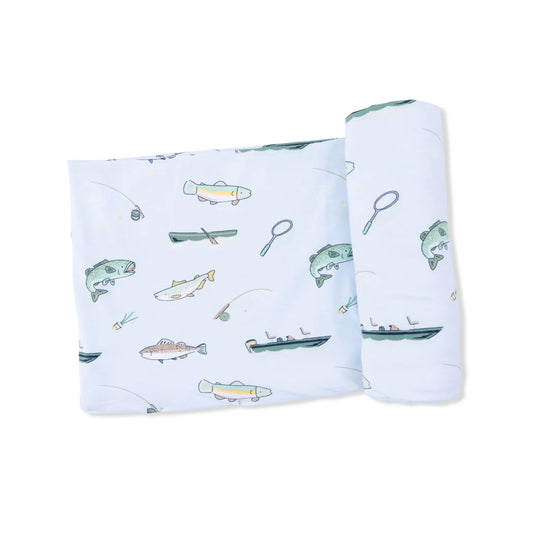 Bamboo Jersey Swaddle Blanket- Fishing on Blue