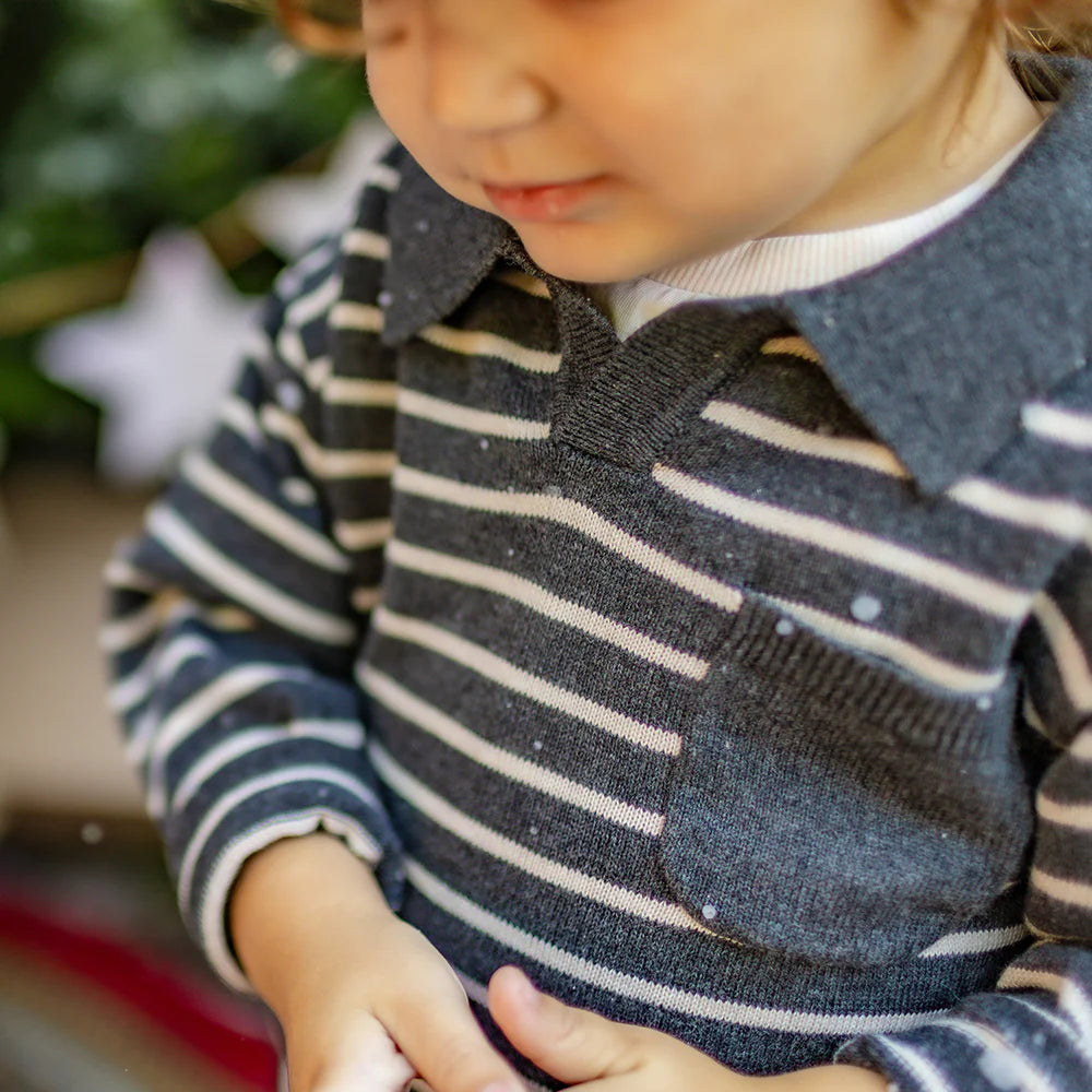Grey Striped Knit Baby Polo Shirt