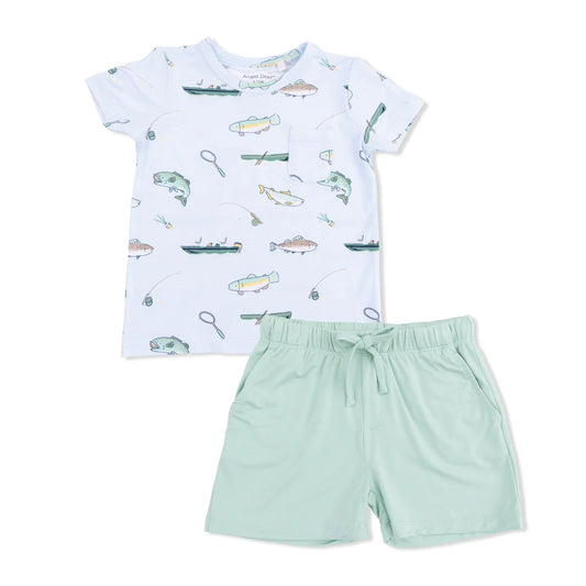 Bamboo Crew Neck Tee & Short Set- Fishing on Blue