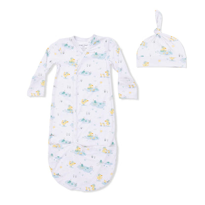 Bamboo Bundler Gown & Knotted Hat Set- Frog and Duck Pond