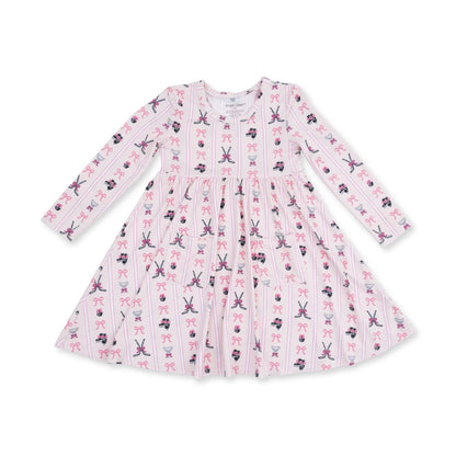 Twirly Long Sleeve Dress- Bowtiful Hockey Stripe