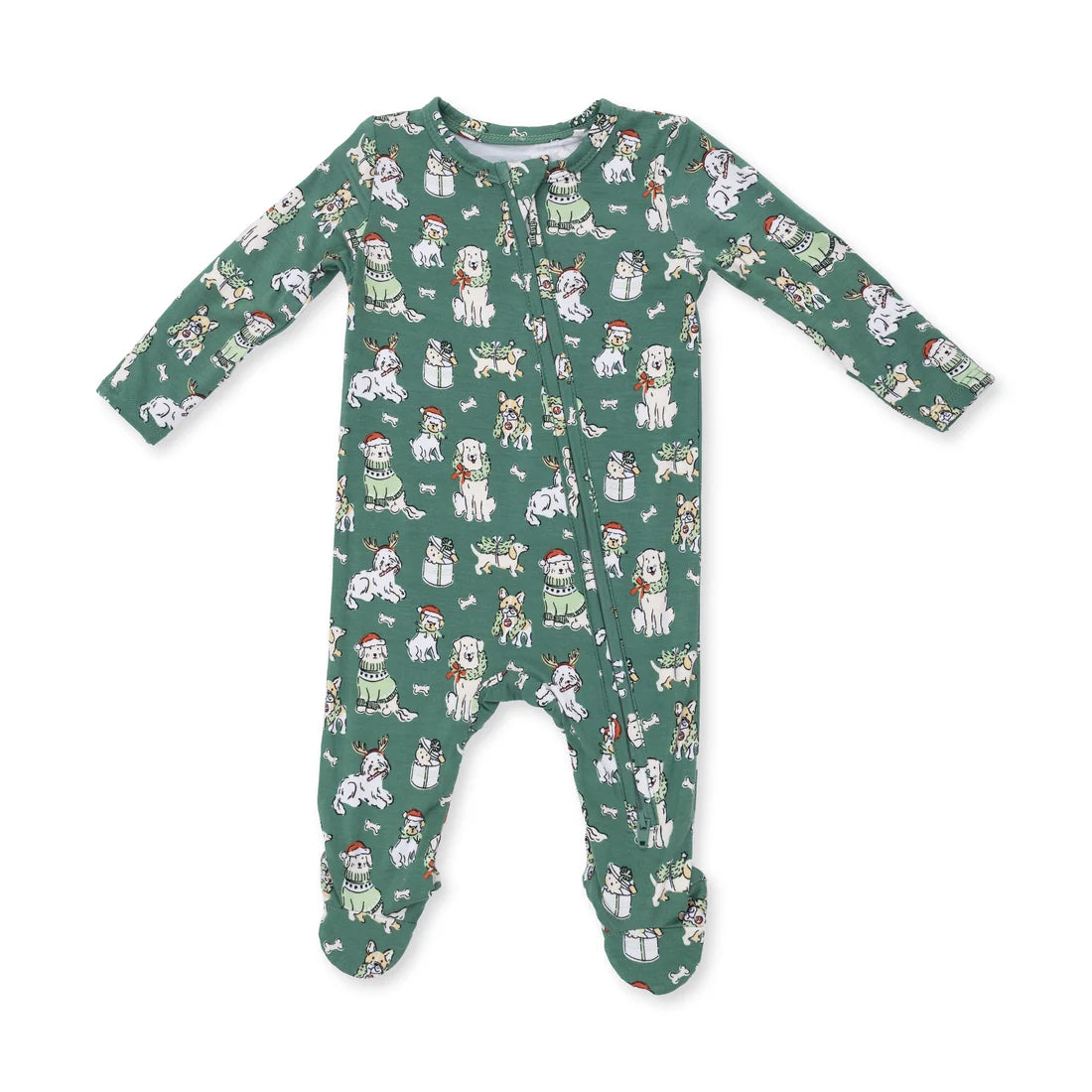 2-Way Zipper Footie- Green Christmas Dogs