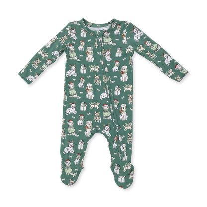 2-Way Zipper Footie- Green Christmas Dogs