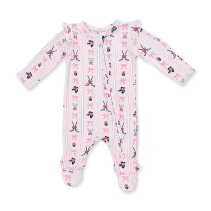 Ruffle Sleeve 2-Way Zipper Footie- Bowtiful Hockey Stripe
