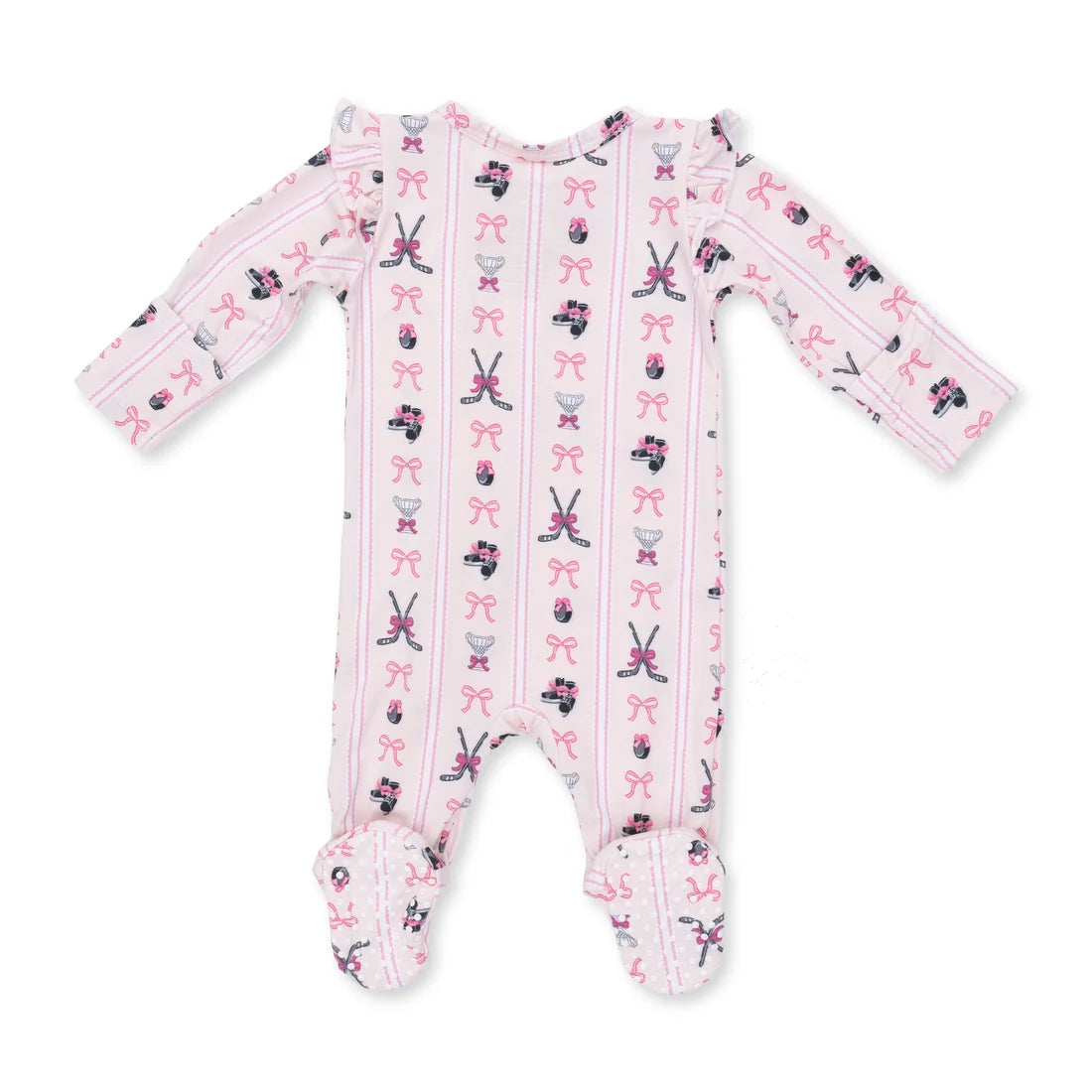Ruffle Sleeve 2-Way Zipper Footie- Bowtiful Hockey Stripe