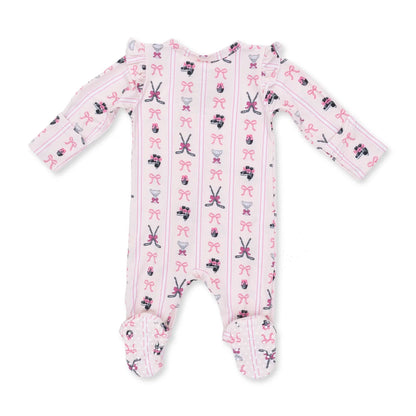 Ruffle Sleeve 2-Way Zipper Footie- Bowtiful Hockey Stripe