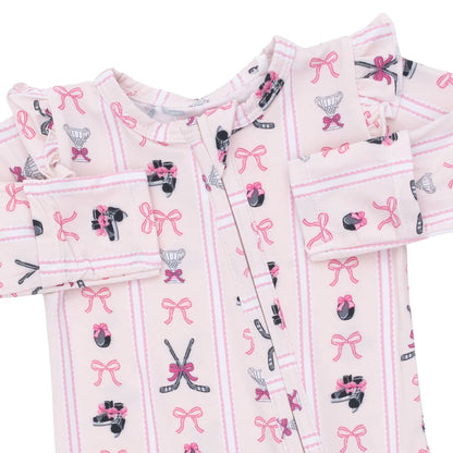 Ruffle Sleeve 2-Way Zipper Footie- Bowtiful Hockey Stripe
