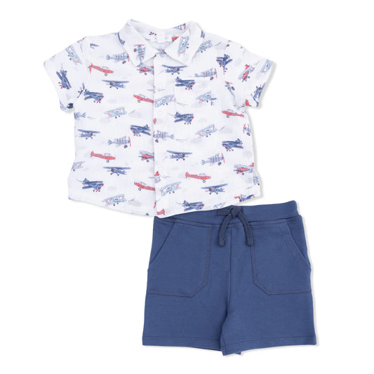 Polo Button Up & Everyday Short Set- Vintage Planes