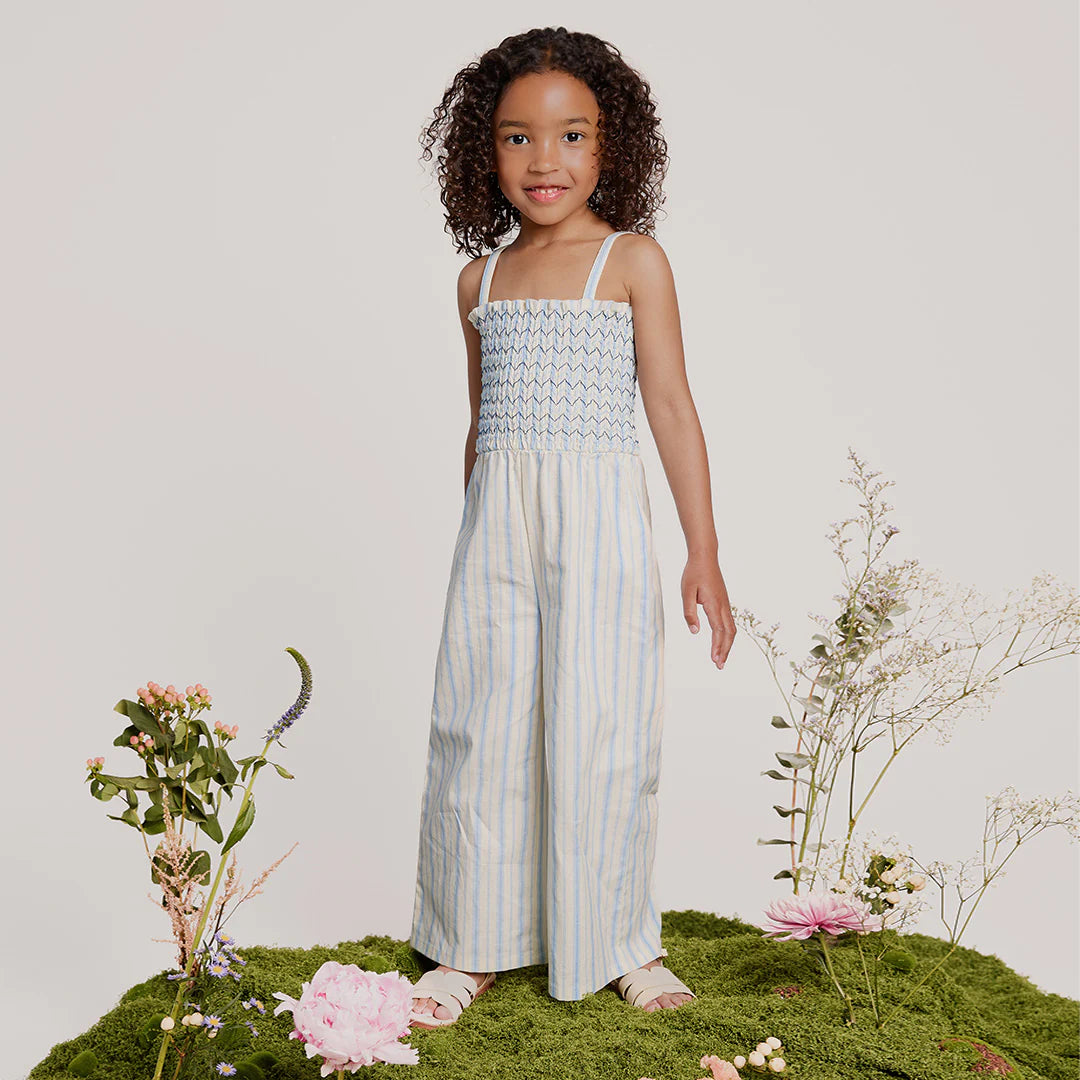 Blue & White Stripe Smocked Woven Jumpsuit
