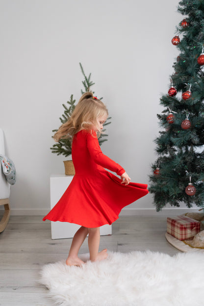 Bamboo Long Sleeve Twirl Dress- Santa Red