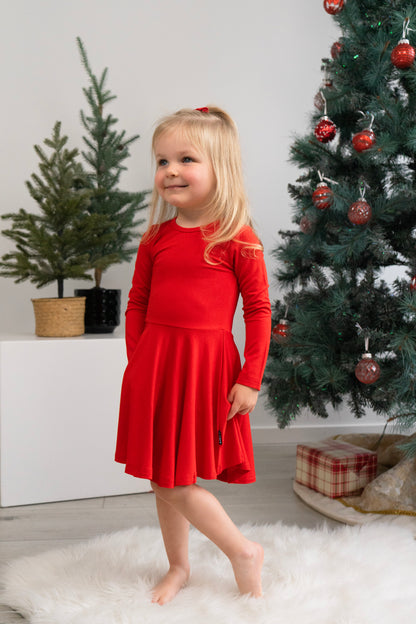 Bamboo Long Sleeve Twirl Dress- Santa Red