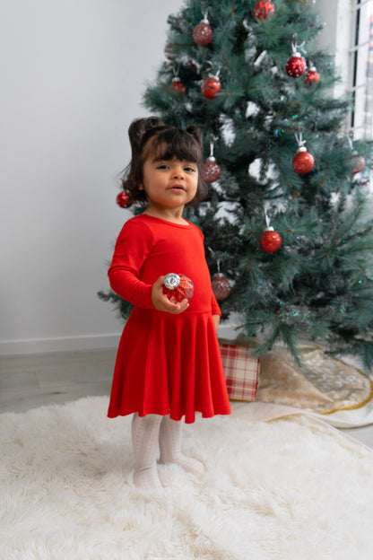 Bamboo Long Sleeve Twirl Dress- Santa Red