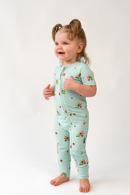 Short Sleeves Bamboo Zipper Romper- Strawberry Garden