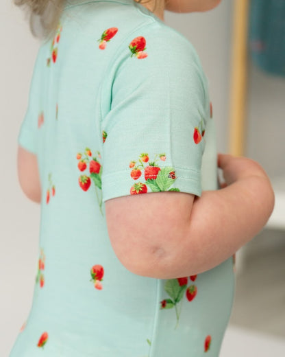 Short Sleeves Bamboo Zipper Romper- Strawberry Garden