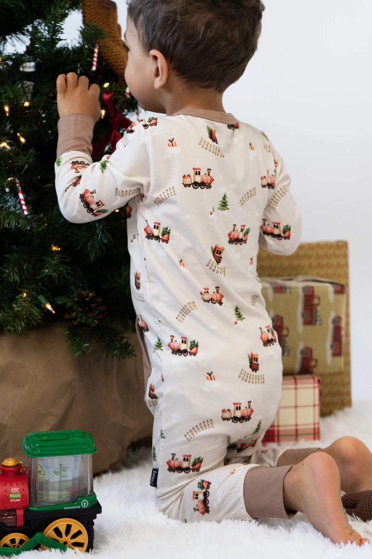Bamboo Long Sleeve Pocket Romper- Christmas Train
