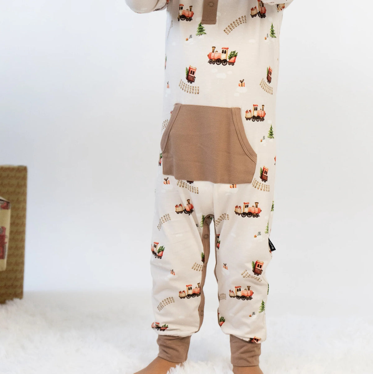 Bamboo Long Sleeve Pocket Romper- Christmas Train