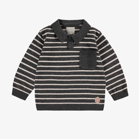 Grey Striped Knit Baby Polo Shirt